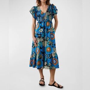 Rails Clementine Azul Wildflowers Floral Shirred Midi Dress - Size Large